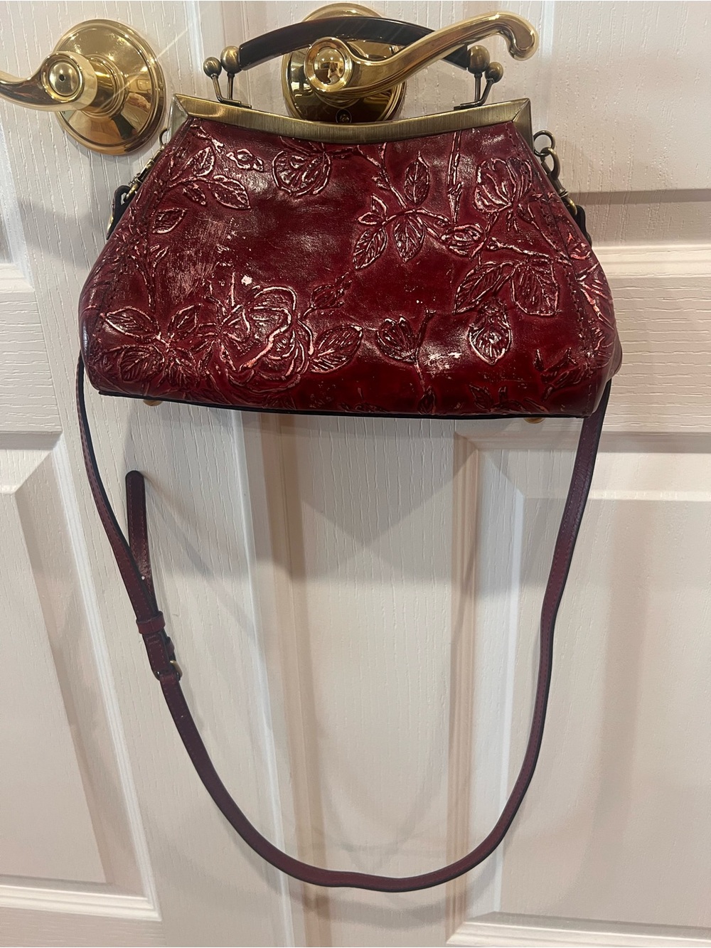Patricia Nash Red Floral Embossed Leather Satchel with Brass Frame - Picture 5 of 5
